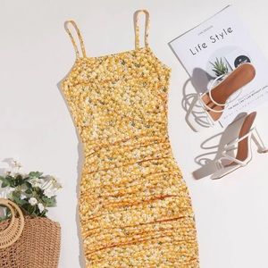 Yellow Floral Ruched Drawstring Dress